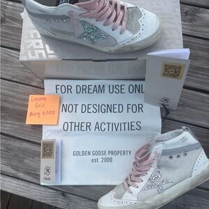 Golden Goose Women's Glitter Silver Sneakers with Pink Accents